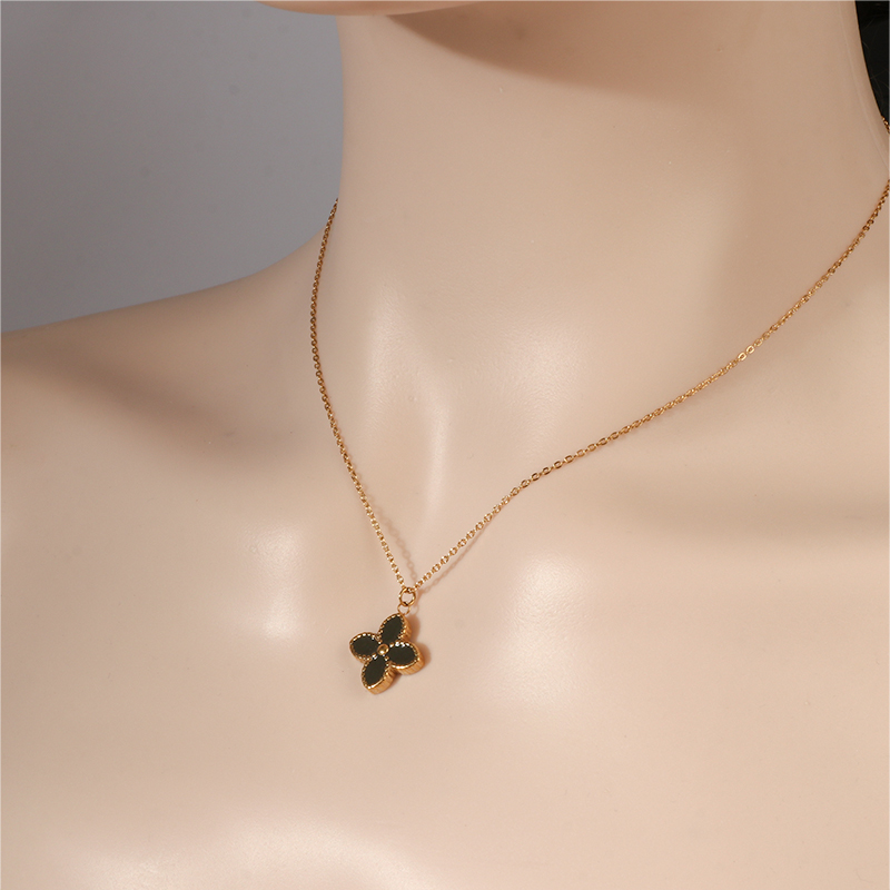 Stainless Steel Black Enamel 4 Leaves Clover Necklace Timeless Symbol