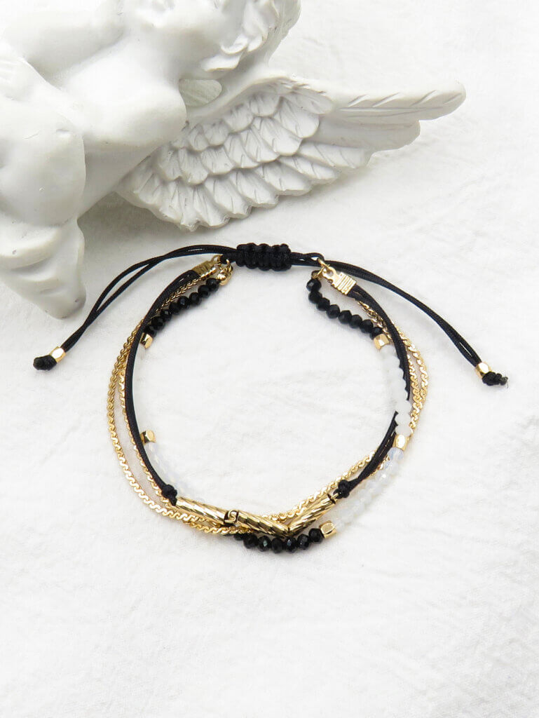3 Layer Gold Boho Braided Bracelet with Black and White Crystals