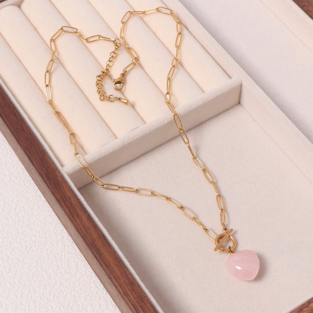 Modern Rose Quartz Heart Pendant Necklace in Stainless Steel