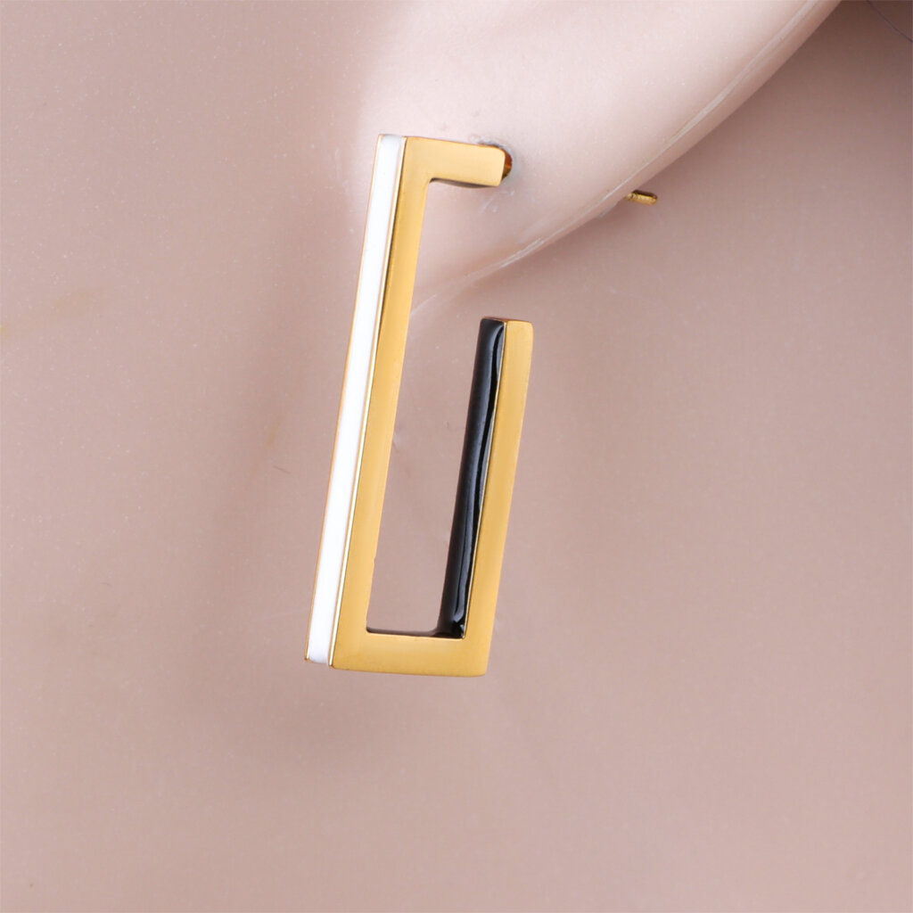 Minimalist Gold Geometric Earrings with Black and White Enamel