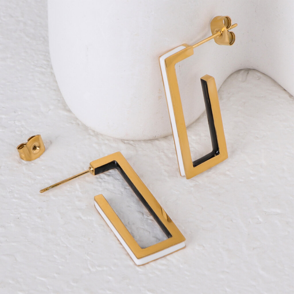 Minimalist Gold Geometric Earrings with Black and White Enamel