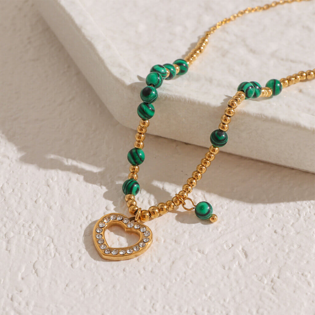 Gold Plated Natural Stone Bead Necklace With CZ Heart Pendant