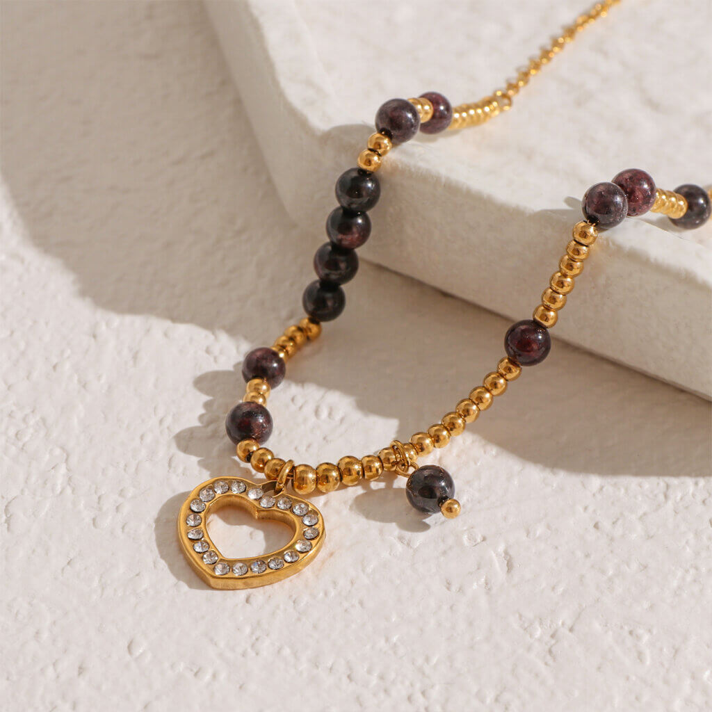 Gold Plated Natural Stone Bead Necklace With CZ Heart Pendant