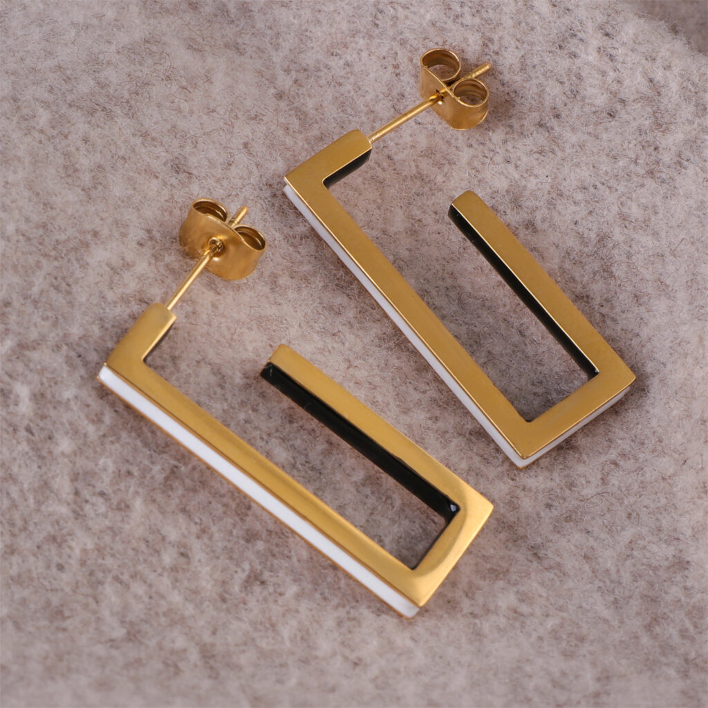 Minimalist Gold Geometric Earrings with Black and White Enamel