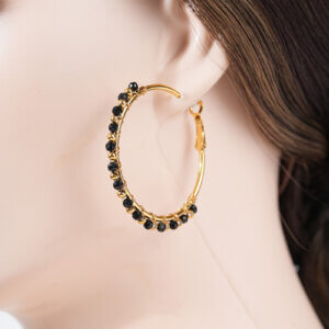 Bold 18K Gold Plated Stainless Steel Black Onyx Hoop Earrings