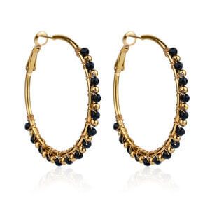 Bold 18K Gold Plated Stainless Steel Black Onyx Hoop Earrings