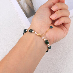 Dainty Handmade Moss Agate Bead Bracelet with Freshwater Pearl Accent