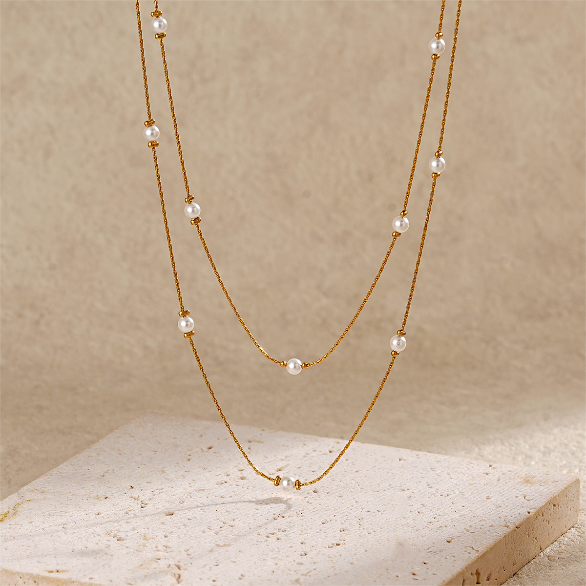 Stainless Steel 18K Gold Plated Double Layer Pearl Necklace