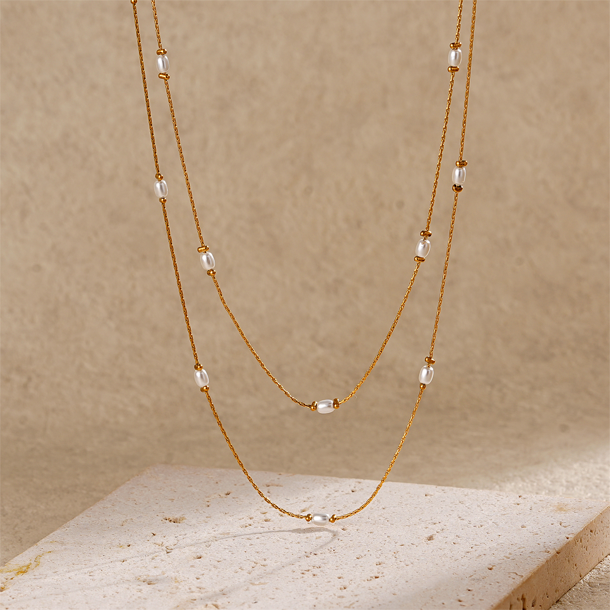 Stainless Steel 18K Gold Plated Double Layer Pearl Necklace