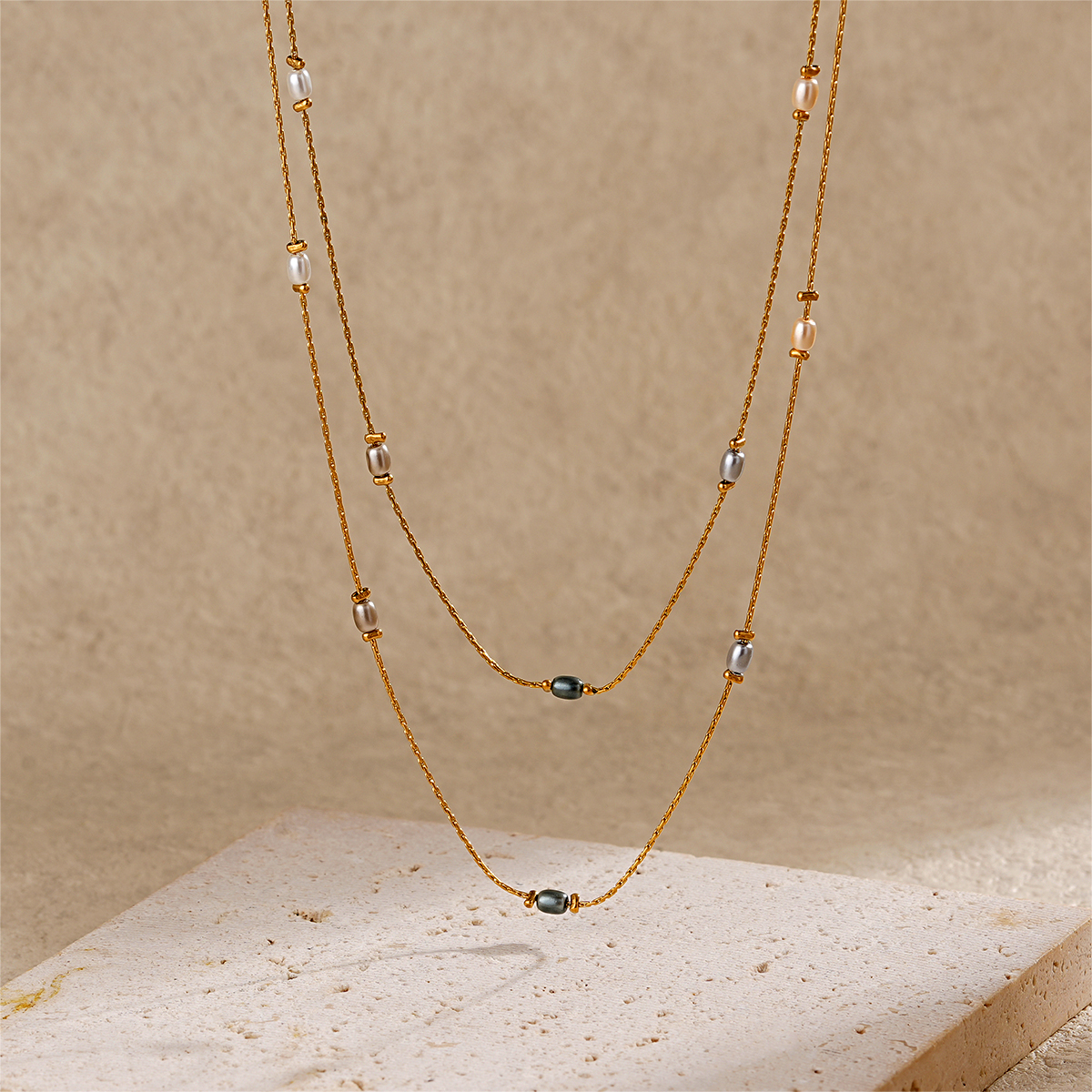 Stainless Steel 18K Gold Plated Double Layer Pearl Necklace