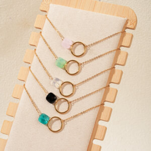 Asymmetrical Gold Chain Bracelet with Circle Charm and Crystal